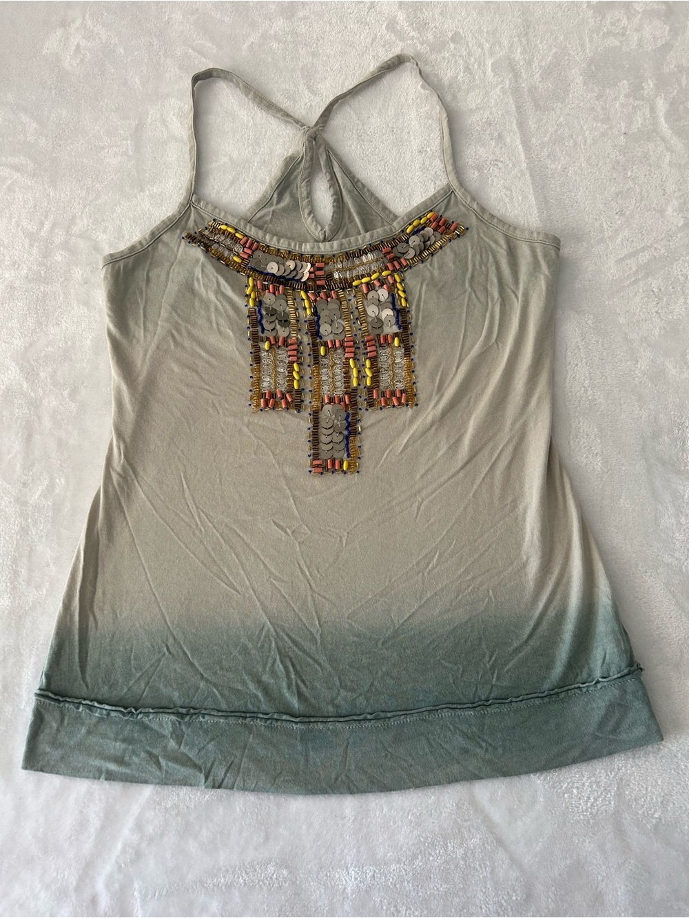 Forever 21 Boutique Boho Embellished Ombre Halter Tank Top Sage Green Med